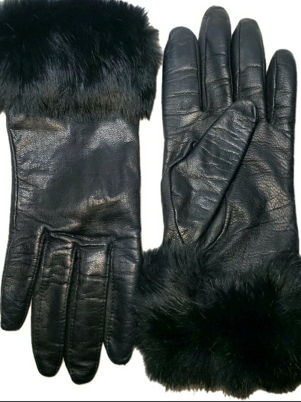 Fownes Black Leather Gloves Womens 6.5 Faux Fur Trim Cuff Winter Warm Dressy